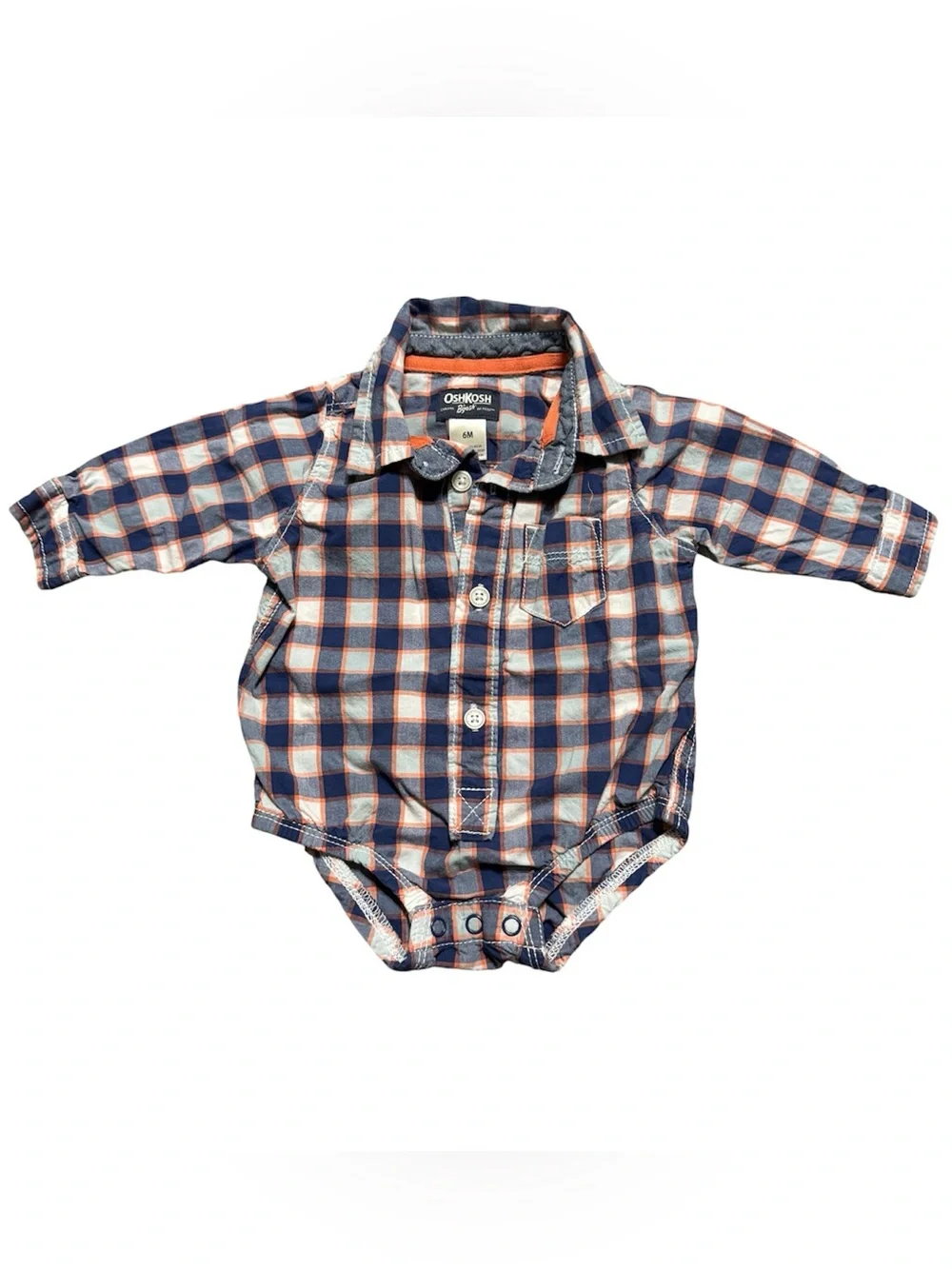 Baby B'gosh Plaid Button Up Bodysuit 6M Navy Blue Orange Snap Bottom